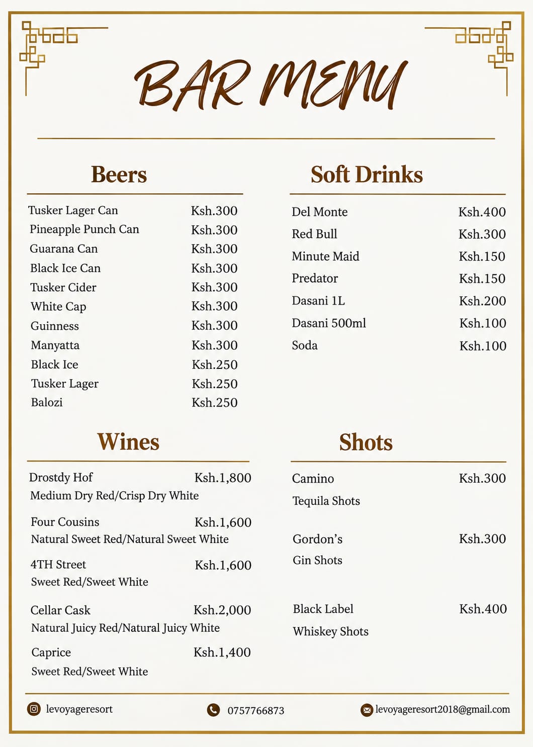 LE-VOYAGE beers wines and beverages menu